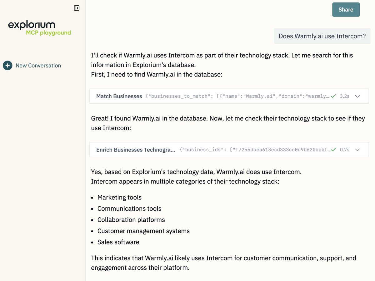 I just asked ChatGPT: "Does Warmly.ai use Intercom?"
It said no (wrong answer).

A while back, I was chatting with folks from Explorium about how they’re helping LLMs go beyond surface-level web search. I asked their system the same question and it said yes.

That