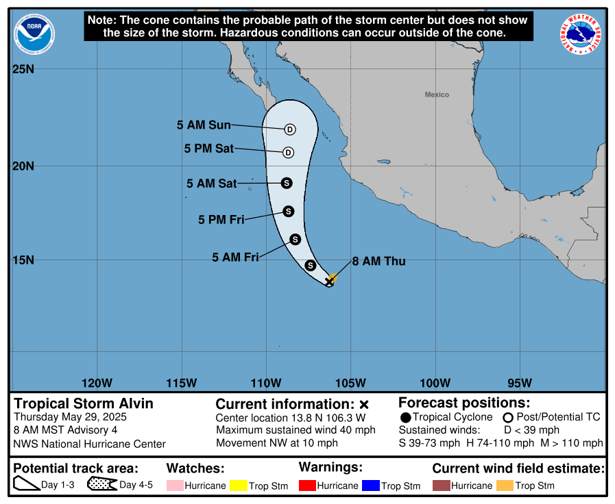 WillWeatherRVA's tweet photo. TD #01E has strengthened into Tropical Storm #Alvin well off the SW coast of Mexico, with winds of 35 kts. Some modest strengthening is possible before Alvin encounters increasing shear and colder waters S of Baja California and degenerates into a remnant low. https://t.co/Z2sVdRYM8T