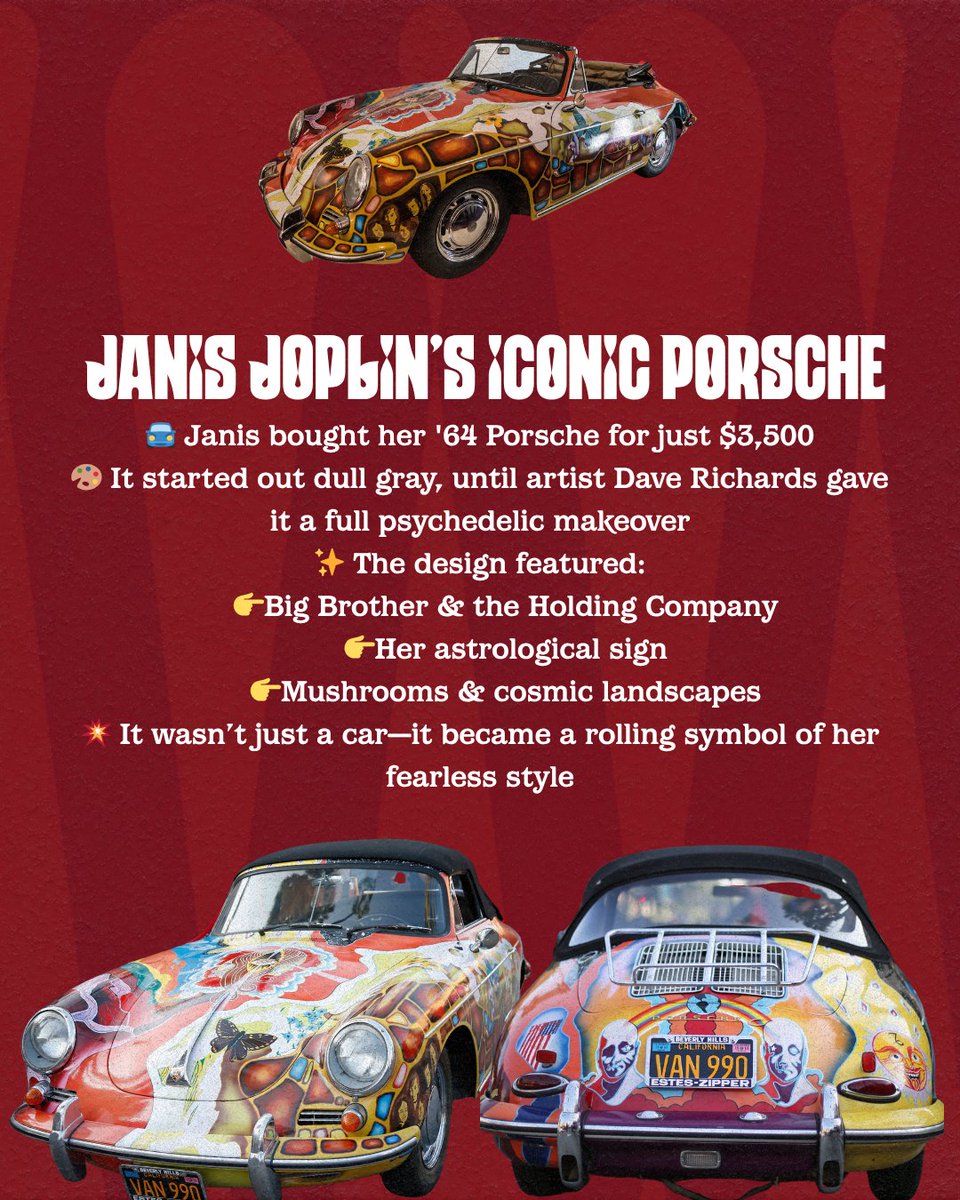 Janis didn’t just drive — she made an entrance. 🚗✨

Her ‘64 Porsche started out gray, but with a little help from artist Dave Richards (and a whole lot of cosmic flair), it became a rolling piece of psychedelic history.

Photos courtesy of Getty Images.