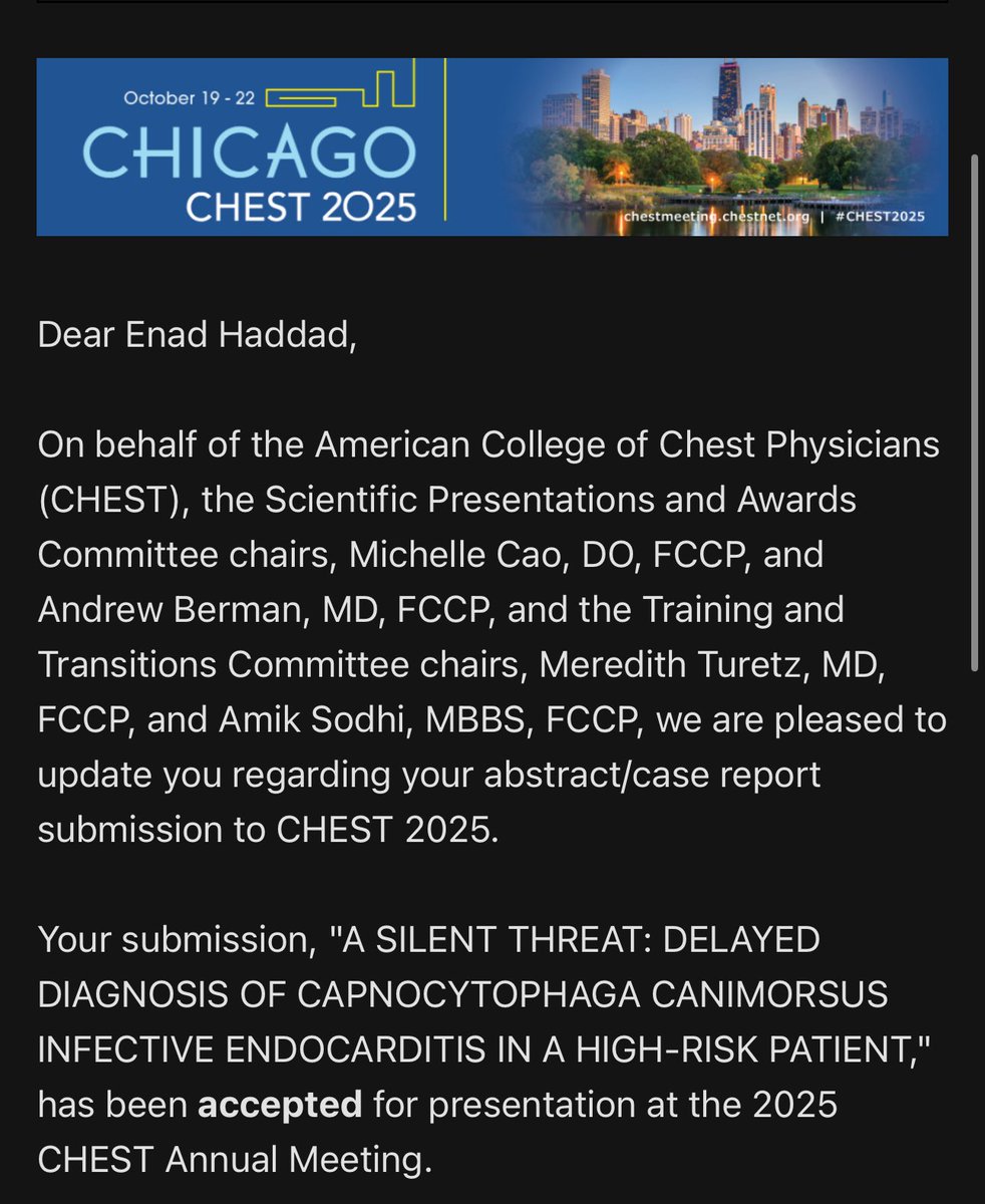 Enad Haddad (@enad1998) on Twitter photo Excited to share that 3 of our abstracts got accepted for presentation at #CHEST2025 !  
Looking forward to presenting and connecting with everyone at the conference!🫀🫁 <a href="/accpchest/">CHEST</a> Excited to share that 3 of our abstracts got accepted for presentation at #CHEST2025 !  
Looking forward to presenting and connecting with everyone at the conference!🫀🫁 <a href="/accpchest/">CHEST</a>