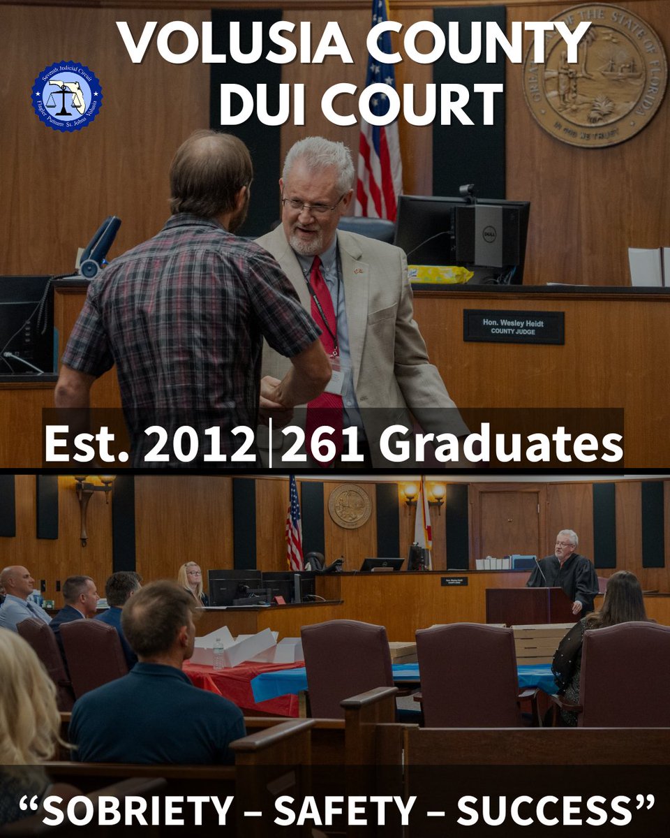 Since 2012, Volusia County DUI Court has helped 261 participants address the root causes of repeat impaired driving.

Presided over by Judge Wesley Heidt, this program focuses on long-term change through treatment, structure, and accountability.

To learn more about this