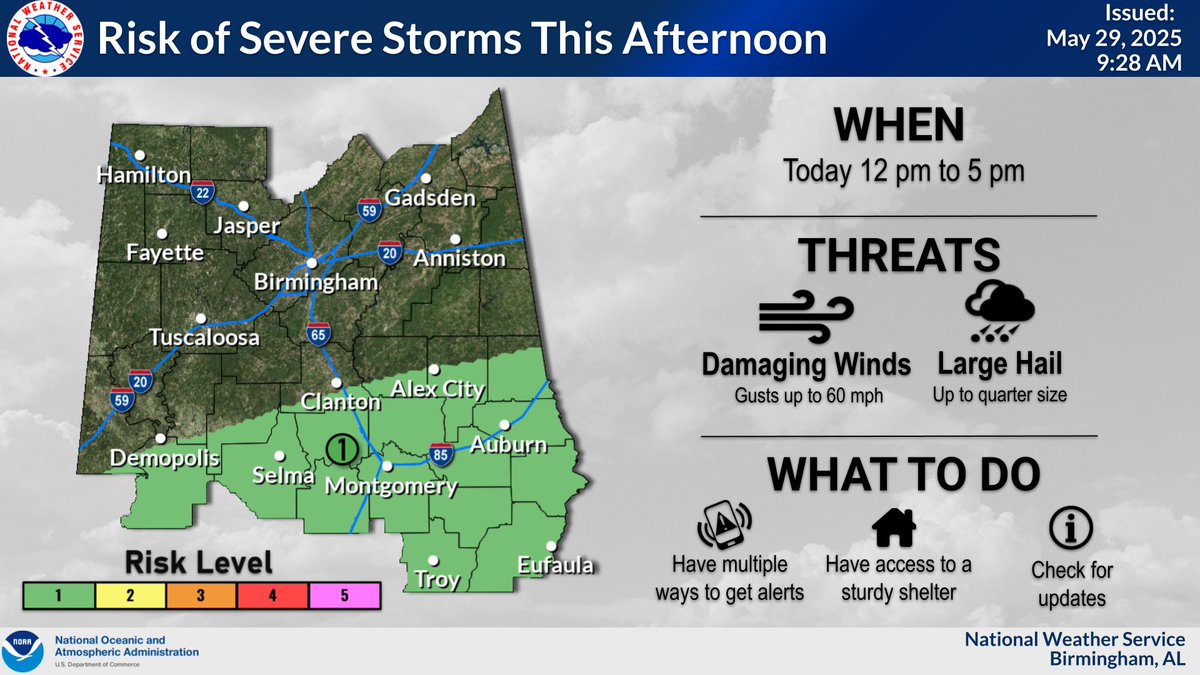 Updated 9:30 AM 5/29/25: Periods of showers and storms expected to continue. There's a small chance of a few severe storms capable of producing damaging wind gusts and perhaps some large hail up to quarter size. We've got to make it to the weekend to get some dry weather. #alwx