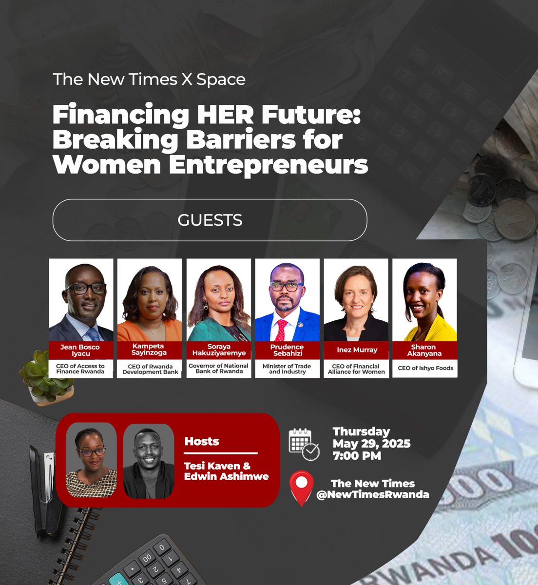 #TNTXSPACES: Tonight at 7PM, top voices in finance and entrepreneurship come together to discuss how to break barriers for women entrepreneurs in #Rwanda and beyond.

Don't miss out: x.com/i/spaces/1jMKg…