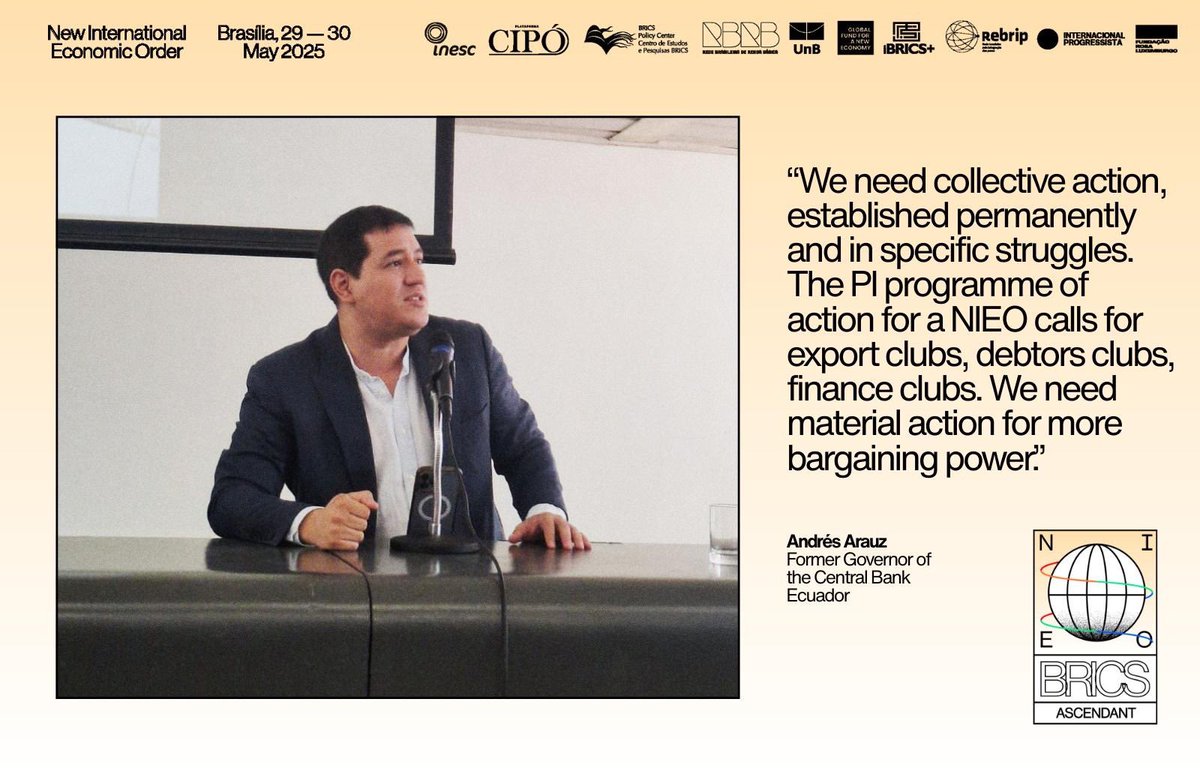 LIVE FROM BRASILIA 🇧🇷🇪🇨 Dr. Andrés Arauz (<a href="/ecuarauz/">Andrés Arauz</a>) draws on the <a href="/ProgIntl/">Progressive International</a> Program of Action on the Construction of the New International Economic Order as a handbook for an insurgent BRICS+ to assert Southern power and support sovereign development across the world.
