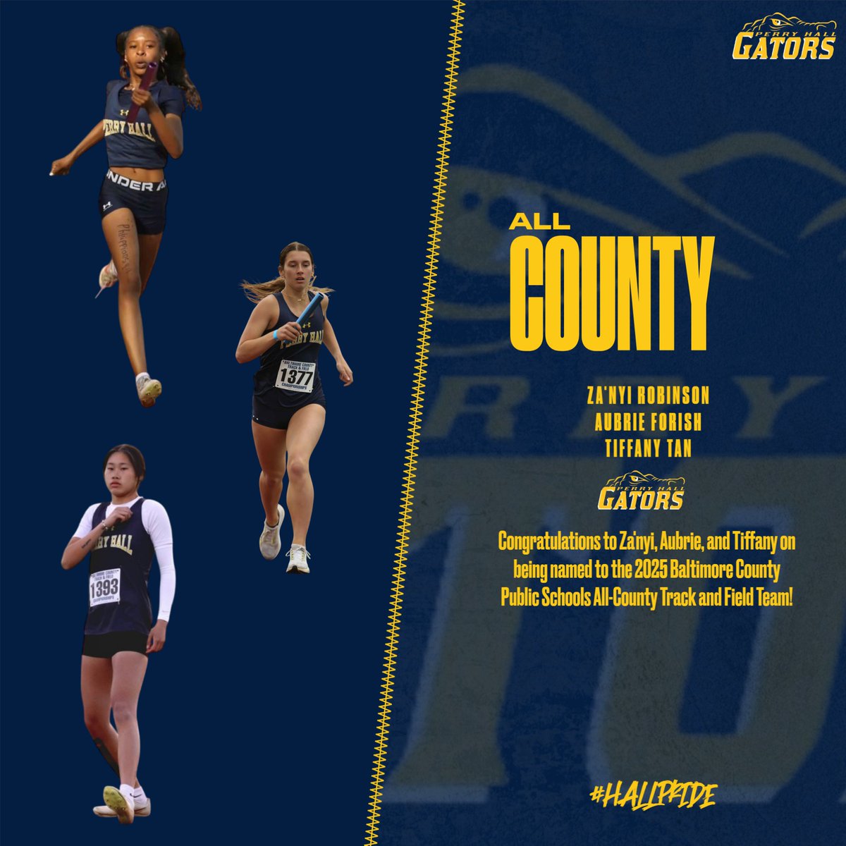 Congratulations to Za'nyi Robinson, Aubrie Forish, and Tiffany Tan on being named to the 2025 Baltimore County Public Schools All-County Track and Field Team!