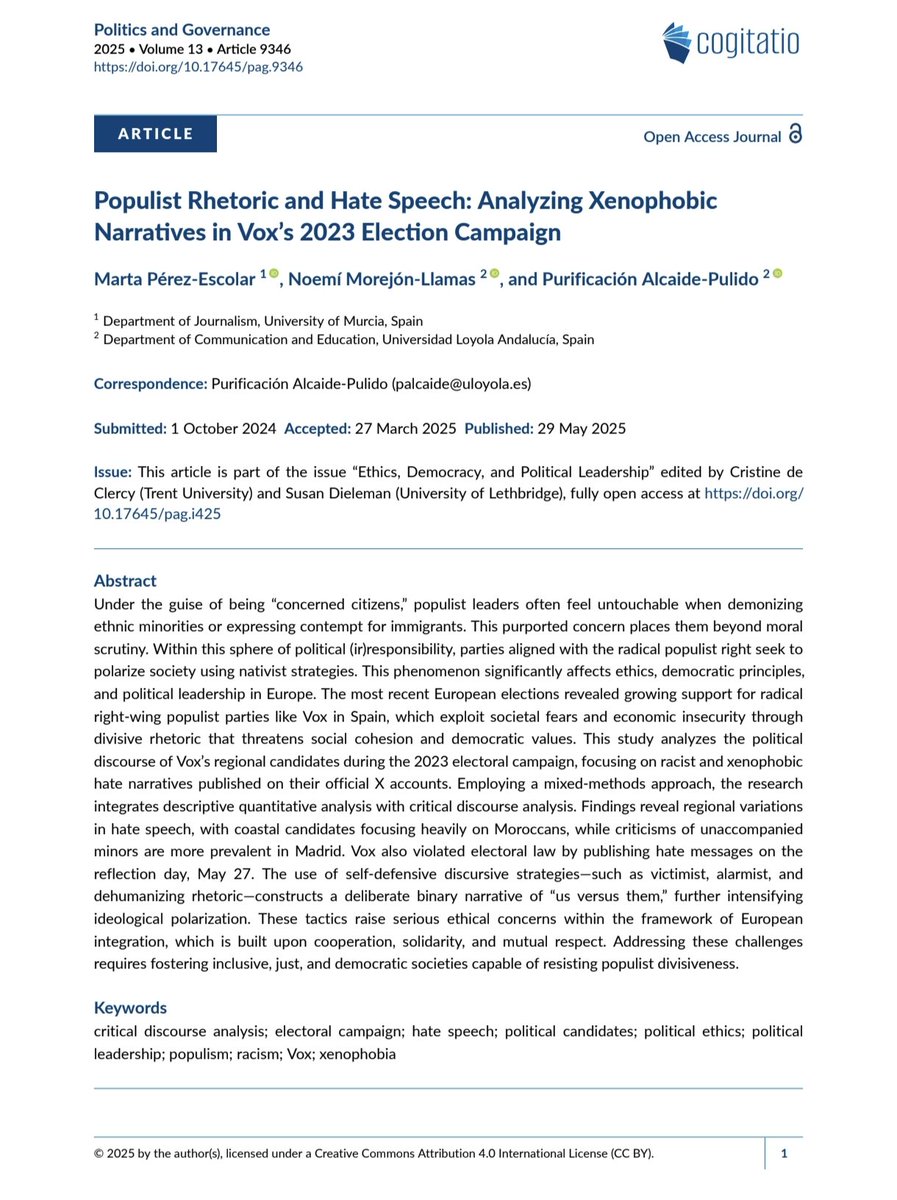 "Populist Rhetoric and Hate Speech: Analyzing Xenophobic
Narratives in Vox’s 2023 Election Campaig" 
cogitatiopress.com/politicsandgov…