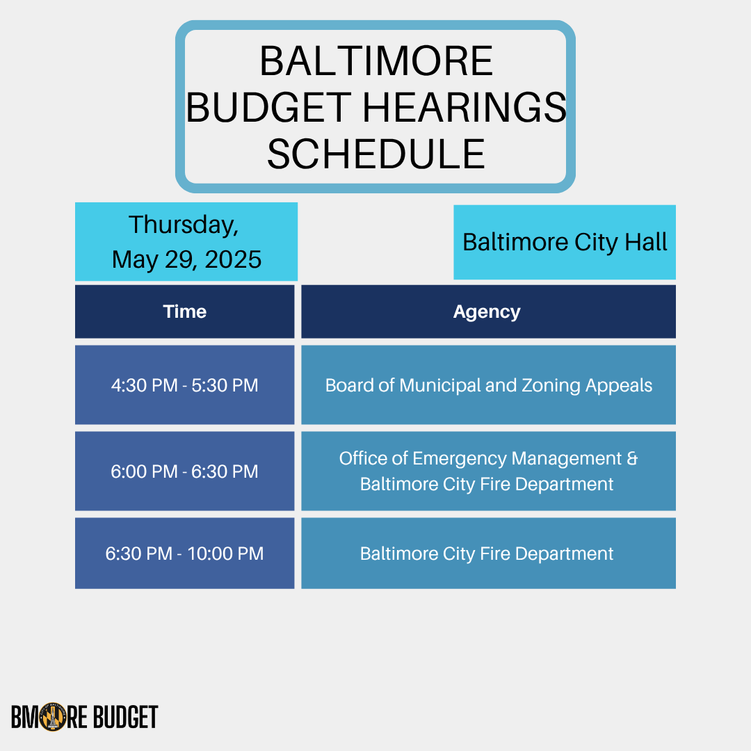 Welcome to the Fiscal 2025 Budget Hearings: Day 2!
The City of Baltimore’s budget hearings for the Fiscal 2025 budget are here. See below for today Thursday, May 29th schedule! Visit #CharmTV to stream now!