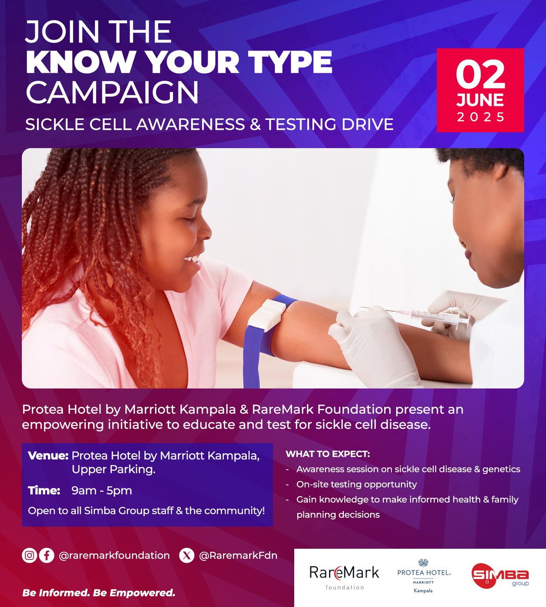 Raremark Foundation (@raremarkfdn) on Twitter photo 📢 Coming next week:
Together with <a href="/ProteaKampalaH/">Protea Hotel by Marriott® Kampala</a>, we'll be conducting another Sickle cell screening camp this Monday, 2 June
Join us! Get tested for SCD, learn life-changing insights about Sickle cell, and take control of your health. It's open to all, so come and 📢 Coming next week:
Together with <a href="/ProteaKampalaH/">Protea Hotel by Marriott® Kampala</a>, we'll be conducting another Sickle cell screening camp this Monday, 2 June
Join us! Get tested for SCD, learn life-changing insights about Sickle cell, and take control of your health. It's open to all, so come and