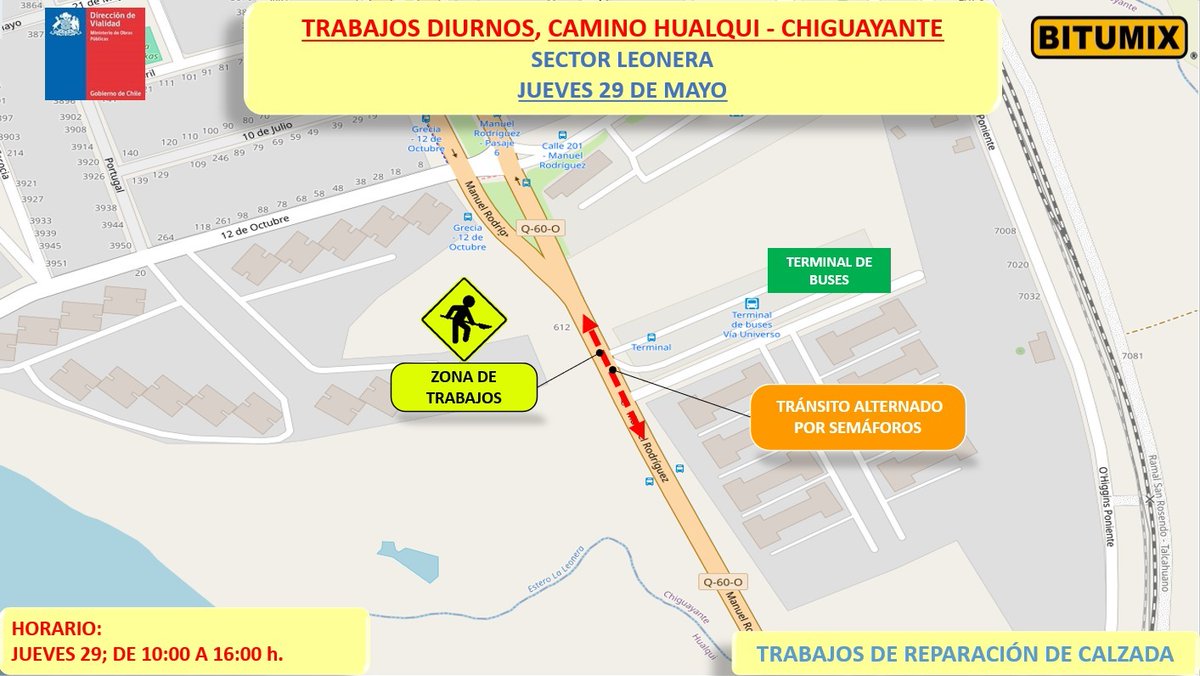 🚧 Atención vecin@s:
Hoy jueves 29 de mayo, entre las 10:00 y 16:00 hrs, habrá tránsito alternado en el camino Hualqui–Chiguayante debido a trabajos de reparación en la calzada.Les recomendamos tomar precaucionesblicas