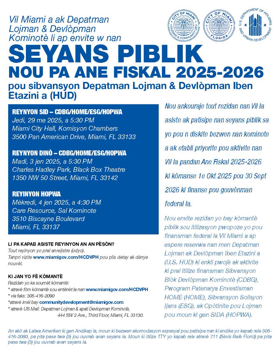 City of Miami (@cityofmiami) on Twitter photo You're invited to join <a href="/CityofMiamiHCD/">CityofMiamiHCD</a> on Thursday, May 29, at 5:30 PM for a #PublicMeeting at City Hall, Commission Chambers. This meeting is an opportunity to provide comments on needs and priorities related to CDBG, HOME, HOPWA, and ESG (federal) funding in FY25-26. More You're invited to join <a href="/CityofMiamiHCD/">CityofMiamiHCD</a> on Thursday, May 29, at 5:30 PM for a #PublicMeeting at City Hall, Commission Chambers. This meeting is an opportunity to provide comments on needs and priorities related to CDBG, HOME, HOPWA, and ESG (federal) funding in FY25-26. More