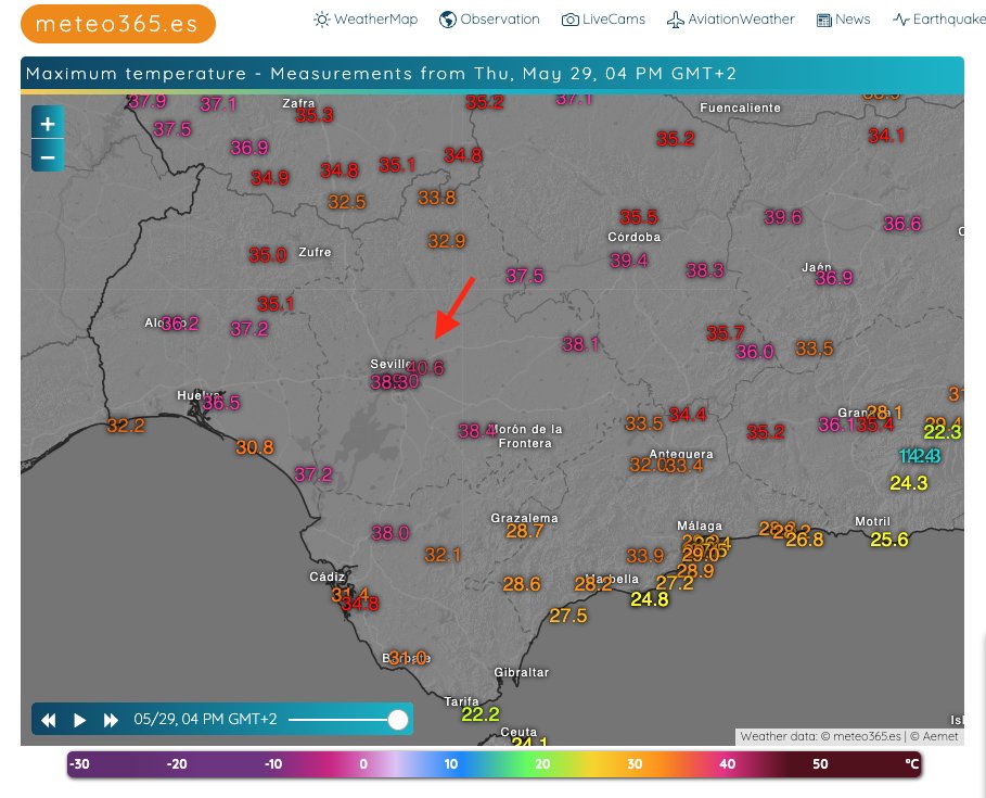 May 29, 2025, and #Seville reports the first 40 °C (40.6 °C at Seville Airport) of the year for Spain. This makes Andalusia by far the hottest place in all of Europe today.