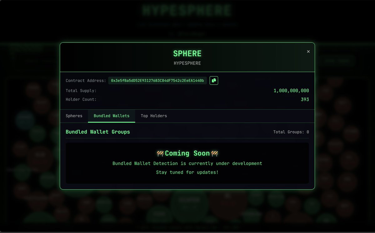 hyprsphere's tweet photo. 🚀 HypeSphere Feature Update 🔍

Scan Token V1 is now live for all #HyperEVM tokens!

✅ Top Token Holders Analysis
✅ Interactive Sphere Visualization
✅ Detailed Token Analytics
🚧 Bundled Wallet Detection (Coming Soon)

🎯 Supports ALL HyperEVM tokens - pre-bond, bonded, any launchpad (@LiquidLaunchHL , #HPump, etc.)

Perfect for whale watching & due diligence 🐋

Try it: 🌐 https://t.co/3qJj6nFj6o

#HypeSphere #HYPE #Hyperliquid $SPHERE