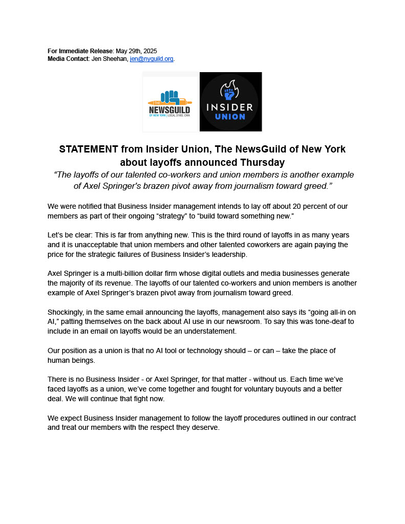 Insider Union ✊ (@insiderunion) on Twitter photo Today we learned that <a href="/BusinessInsider/">Business Insider</a> and <a href="/axelspringer/">Axel Springer SE</a> intend to lay off about 20 percent of our members. Read our statement here:
nyguild.org/post/statement… Today we learned that <a href="/BusinessInsider/">Business Insider</a> and <a href="/axelspringer/">Axel Springer SE</a> intend to lay off about 20 percent of our members. Read our statement here:
nyguild.org/post/statement…