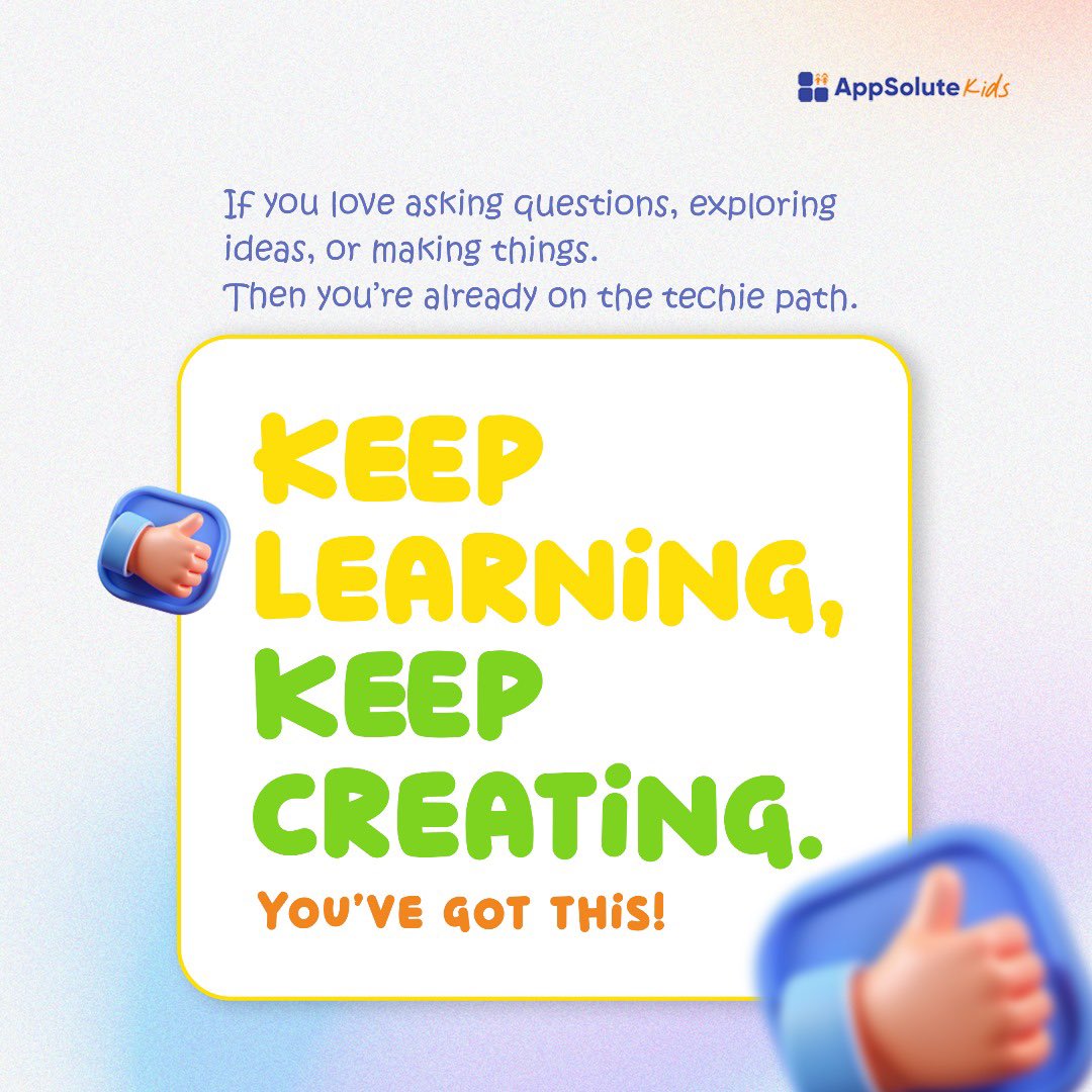 Appsolute_Kids's tweet image. Being a techie starts with believing you can.
Ask questions. Try things.
You’re smarter than you think.
#techiekids #curiousminds #funwithtech #kidstechies #buildwithtech #exploreandcreate #techforkids #everydaytech #kidsintech
