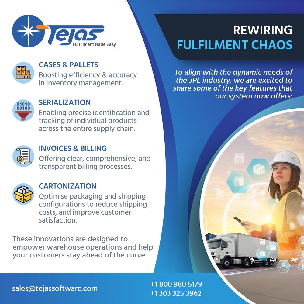 TejasSoftware's tweet image. To align with the dynamic needs of the 3PL industry, we are excited to share some of the key features that our system now offers.

Visit zurl.co/vbIKf for more detail.

#tejassoftware #TOMS #TWMS #myPO