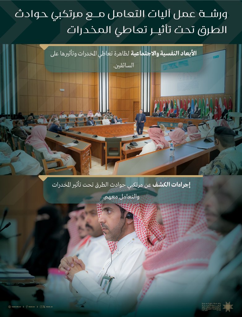 بمشاركة نخبة من الخبراء الدوليين، ورشة "آليات التعامل مع مرتكبي حوادث الطرق تحت تأثير تعاطي المخدرات" التي تنظمها #جامعة_نايف_العربية بالتعاون مع (UNODC) و (ROADPOL) تسلط الضوء في يومها الثاني على الأبعاد النفسية والاجتماعية لظاهرة تعاطي المخدرات، وإجراءات الكشف على مرتكبي