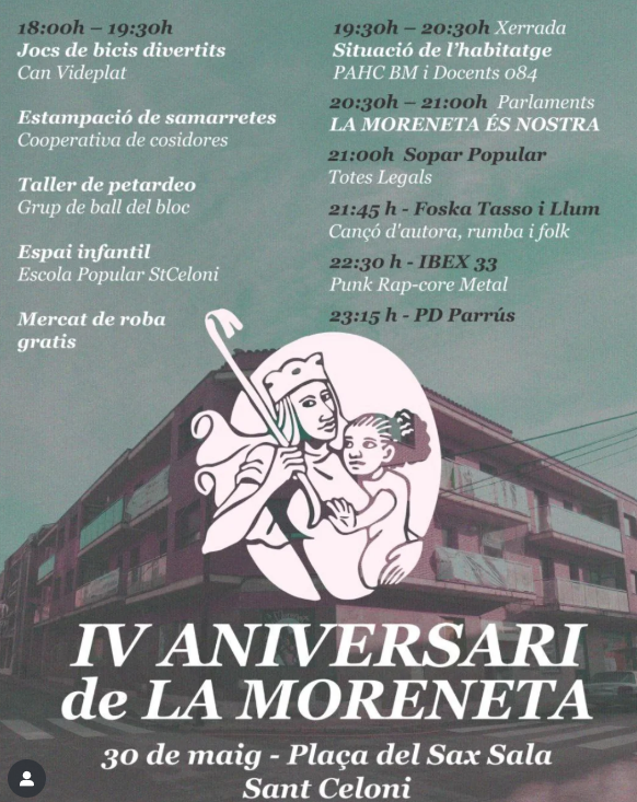 💚✊Demà IV Aniversari de La Moreneta🎂🏠

Celebrar també és resistir i compartir victòries ens fa més fortes. Aquest aniversari és de totes les que defensem el dret a l’habitatge i lluitem des de les estructures populars!

🕕📍A partir de 18:00 a Plaça Sax Sala
