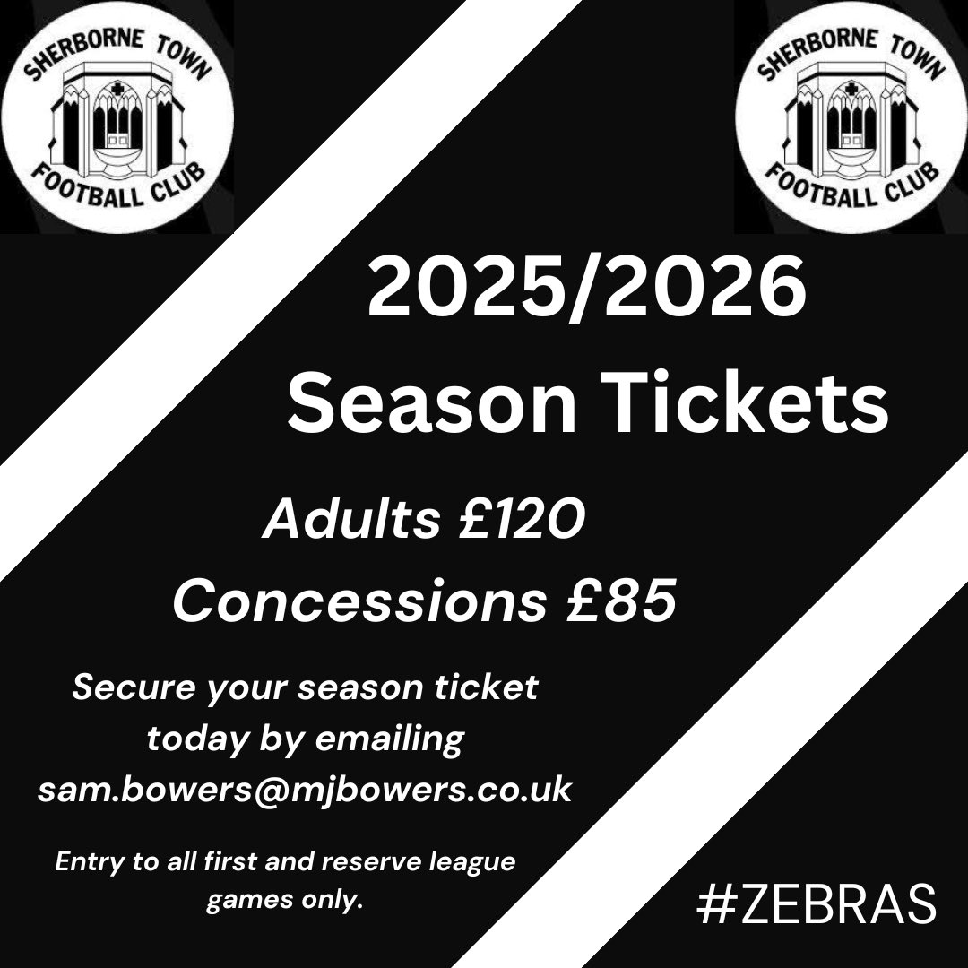 Sherborne Town FC (@sherbornetownfc) on Twitter photo With pre season just around the corner why not secure your 2025/2026 <a href="/WessexLeague/">Velocity Wessex League</a> season ticket now. You will also gain access to all Reserve home league games #Zebras #COYZ <a href="/swsportsnews/">South West Sports News</a> <a href="/Abbey_104/">Abbey104</a> <a href="/sherbornetimes/">Sherborne Times</a> <a href="/NonLeagueCrowd/">Non League Crowds</a> <a href="/SherborneTownCl/">Sherborne Town Council</a> <a href="/DPL_official/">Dorset Premier Football League</a> With pre season just around the corner why not secure your 2025/2026 <a href="/WessexLeague/">Velocity Wessex League</a> season ticket now. You will also gain access to all Reserve home league games #Zebras #COYZ <a href="/swsportsnews/">South West Sports News</a> <a href="/Abbey_104/">Abbey104</a> <a href="/sherbornetimes/">Sherborne Times</a> <a href="/NonLeagueCrowd/">Non League Crowds</a> <a href="/SherborneTownCl/">Sherborne Town Council</a> <a href="/DPL_official/">Dorset Premier Football League</a>