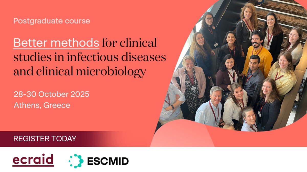 Join us in Athens for the Ecraid/ESCMID course on Better methods for clinical studies in ID &amp; CM covering research questions, choosing the design &amp; methods, avoiding biases, &amp; more!

⏰Deadline 5 Sept 2025!
🗓️ 28-30 Oct 2025 🍂
💡More info &amp; registration: ow.ly/7mnN50VWeUy