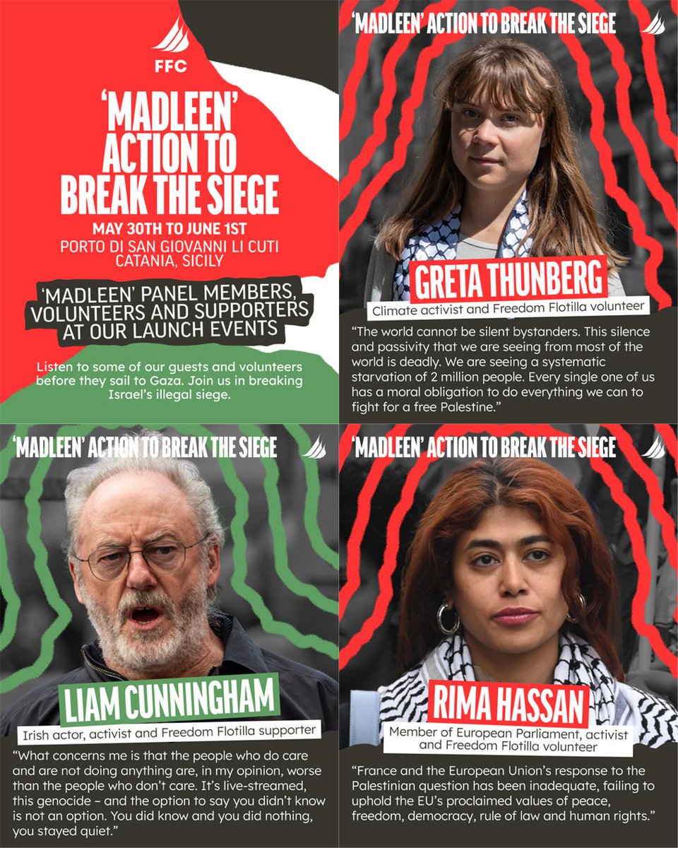 GazaFFlotilla's tweet photo. Meet some of the panelists, volunteers and supporters joining the launch of ‘Madleen’ in Catania, Sicily about to sail to break Israel's illegal siege of Gaza. ⛵️
#AllEyesOnDeck #BreakTheSiege 
https://t.co/ZoCnr45S3I @RimaHas https://t.co/IqAhOSHBv9