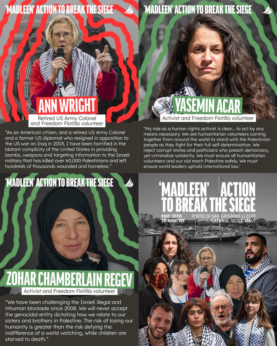 GazaFFlotilla's tweet photo. Meet some of the panelists, volunteers and supporters joining the launch of ‘Madleen’ in Catania, Sicily about to sail to break Israel's illegal siege of Gaza. ⛵️
#AllEyesOnDeck #BreakTheSiege 
https://t.co/ZoCnr45S3I @RimaHas https://t.co/IqAhOSHBv9