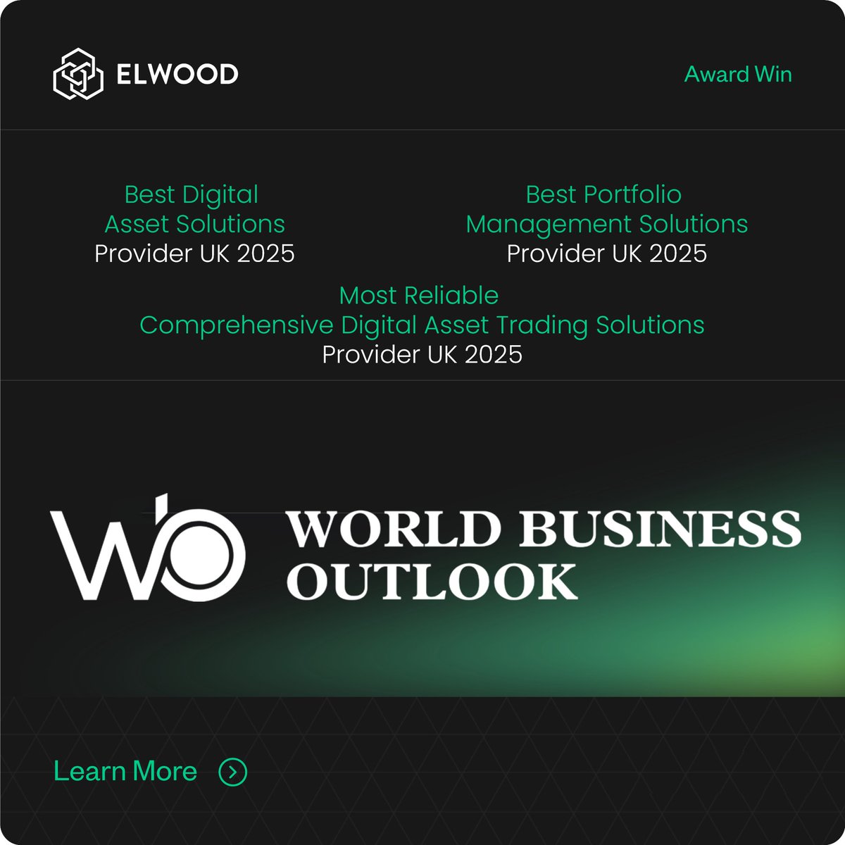We're proud to share that Elwood Technologies has won 3 awards from World Business Outlook for 2025:

🏆 Best Digital Asset Solutions Provider in the UK
🏆 Best Portfolio Management Solutions Provider in the UK
🏆 Most Reliable Comprehensive Digital Asset Trading Solutions