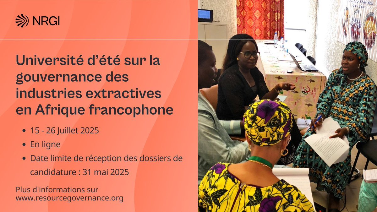 🌱 Vous souhaitez approfondir vos connaissances sur la gouvernance des industries extractives ? 

Postulez à l’Université d’été en ligne, du 15 au 26 juillet 2025. 

La date limite pour candidater est le 31 mai.

En savoir plus : resourcegovernance.org/events/univers…