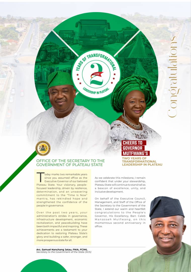 arcsamueljatau's tweet image. CHEERS TO GOVERNOR MUTFWANG’S TWO YEARS OF TRANSFORMATIONAL LEADERSHIP IN PLATEAU
-- OSGS
