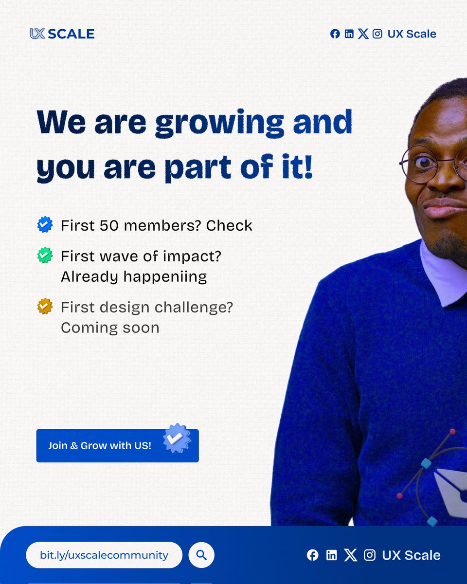 We’re growing, and you’re part of it. 

✅ First 30 members? Check. 

✅ First design challenge? Coming soon. 

✅ First wave of impact? Already happening.

Let’s build something unforgettable. 

Join now and grow with us.  👉bit.ly/uxscalecommuni…