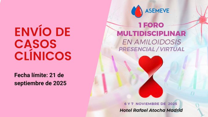¿Sabes que ya puedes mandar tu caso al 1º Foro Multidisciplinar en Amiloidosis de <a href="/asemeve/">ASEMEVE</a> ? 

🧬 📷 6-7 nov 2025 |
📷 Presencial / Online  

Más info en shlivestream.es/1-foro-multidi…