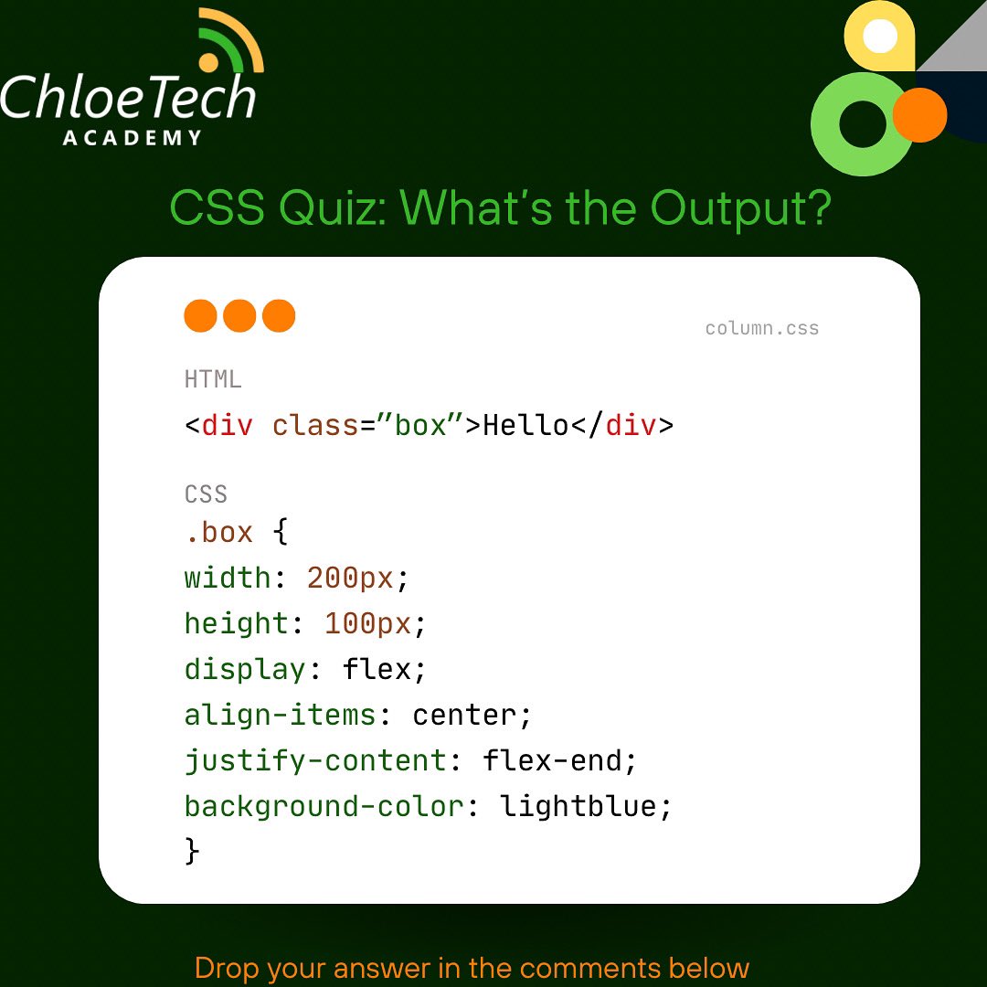 ChloeTechA's tweet photo. Where will the text "Hello" appear inside the box?
a. Centered horizontally and vertically
b. Top-left corner
c. Right side, vertically centered
d. Bottom-right corner https://t.co/IeeaBo00fx