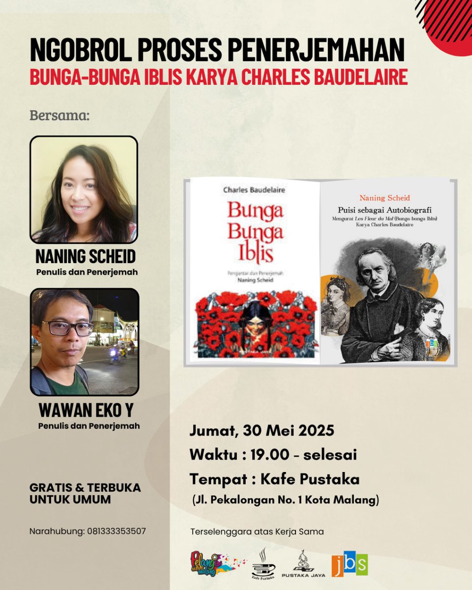 kafe_pustaka's tweet photo. Ngobrol tentang Proses Penerjemahan Bunga-Bunga Iblis  karya Charles Baudelaire

Bersama: Naning Scheid (Penulis dan Penerjemah) dan
Wawan Eko Yulianto (Penulis dan Penerjemah) https://t.co/Fhm5rfh85i