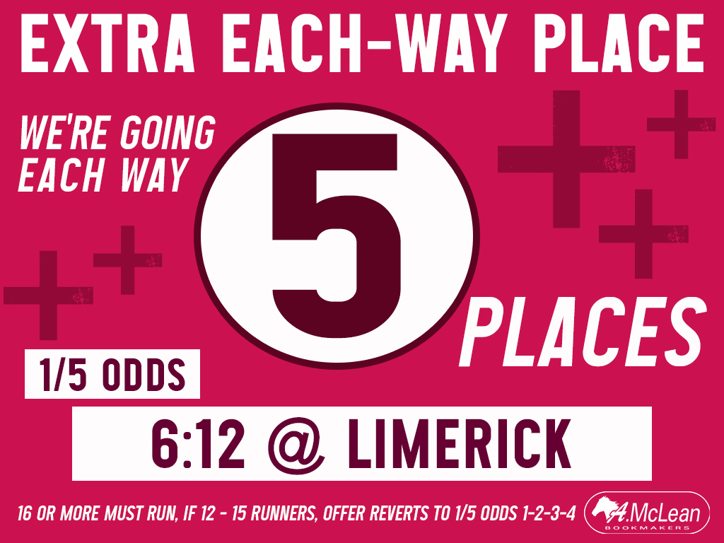amcleanbookies's tweet image. Check out our #ExtraPlace offers at @LimerickRaces today 🏇

Available in store or via telebetting 0800 121 4567 ☎️

#DoYouWannaBet

T&amp;amp;C apply, 18+