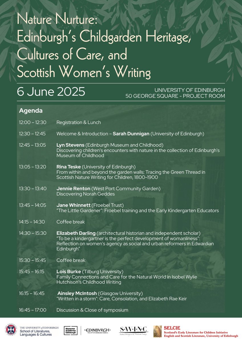 _SELCIE_'s tweet photo. Inspired by @RinaTeske our #naturenurture Symposium @EdinburghUni will trace the 'green threads'🌿 of Edinburgh's childgarden heritage, women's role in social, cultural & educational reform, and Scottish nature writing for children 🪻#naturenurture #greencare #Edinburgh https://t.co/AlJL8S5evr