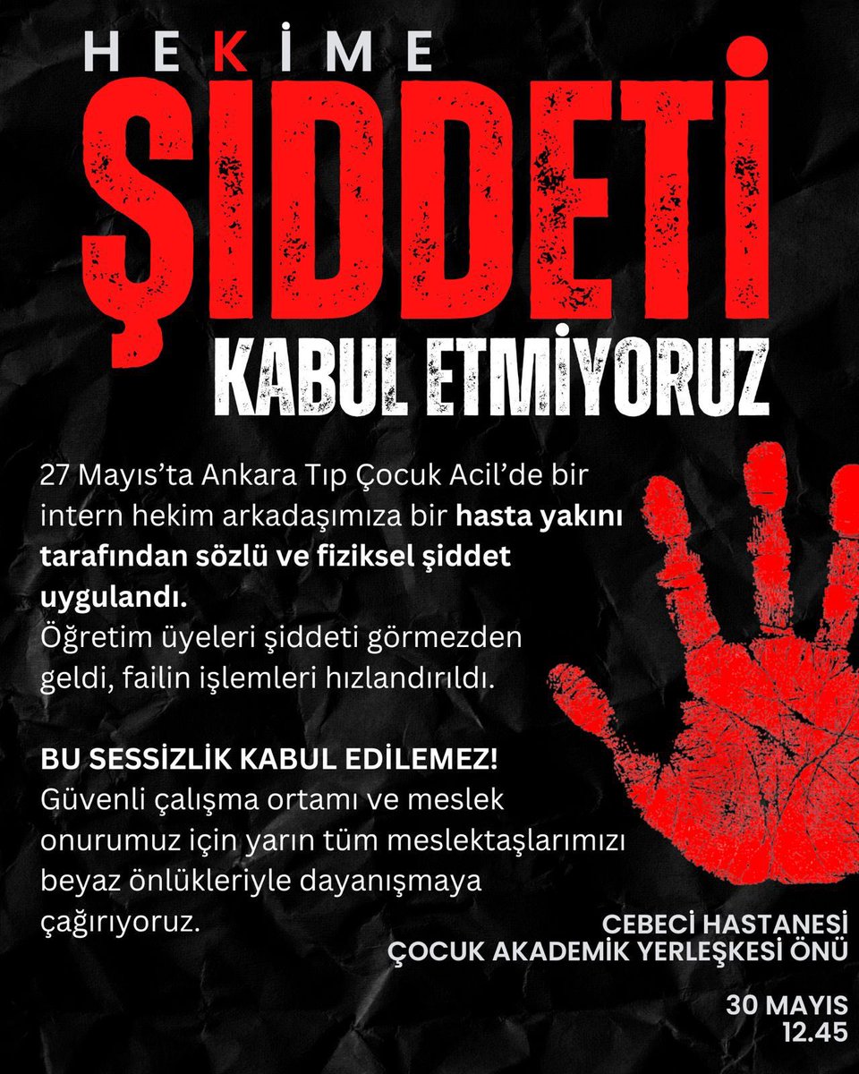 📍 27 Mayıs – Ankara Tıp Fakültesi Çocuk Acil

Görev yerine giden intörn hekim arkadaşımız, bir hasta yakınının “Niye dik dik bakıyorsun birader?” sözleriyle sözel şiddete, ardından yumruklu saldırısına maruz kaldı. Güvenlik müdahalesine rağmen saldırgan tehditlerine devam etti: