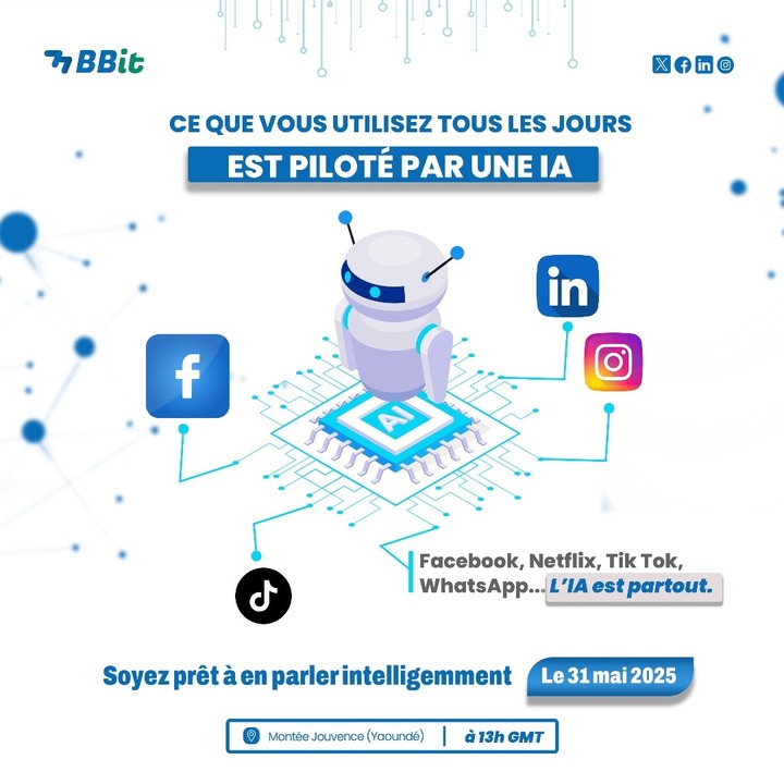 🎯 IA &amp; Entrepreneuriat en Afrique : Menace ou Opportunité ?

#BBITSarl vous invite ce samedi à Yaoundé à une conférence 100% gratuite pour comprendre comment l’#IA peut propulser vos projets 💡

📍 Montée Jouvence
📝 Inscrivez-vous ici 👉 forms.gle/Cxu1TcPS1DCYbp…
📞 655 109 309