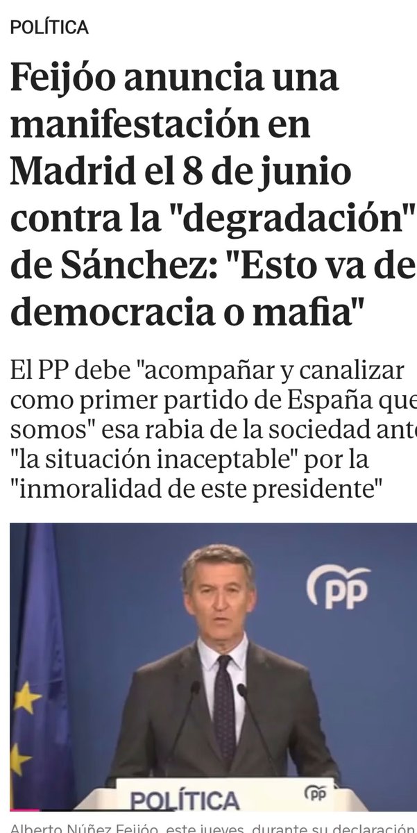 Está tardando Pedro Sánchez en salir a dar una rueda de prensa y utilizar el mismo lenguaje guerracivilista que utilizan los fascistas del PP...ya está bien de poner buena cara. Que hable de la familia de Feijoó, de Ayuso, Mazón, tienen mucho que ocultar...YA ESTÁ BIEN 😡😡😡