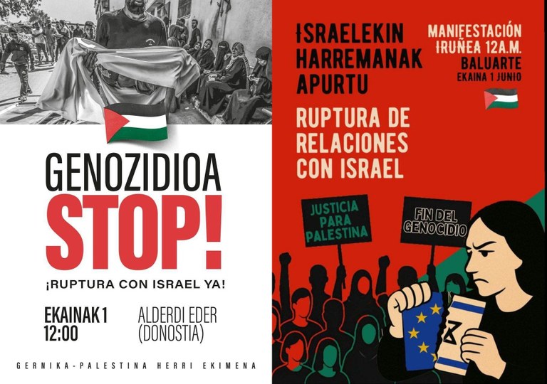 🇵🇸 ELAk bat egingo du ekainaren 1an Gazako genozidioaren aurka <a href="/GerPalesti2023/">Gernika-Palestina Herri Ekimena</a>|k Donostian eta hainbat eragilek Iruñean deitutako mobilizazioekin.

✊ 'Genozidioari stop' lelopean, hiritarrek Israelgo Estatuarekiko harremanak eteteko eskatuko dute.

🔗 labur.eus/svn8t5js