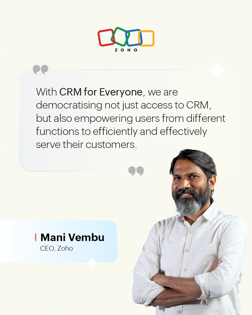 Zoho (@zoho) on Twitter photo Zoho CRM for Everyone ensures that every team has access to the right information.
In conversation with <a href="/ETCIOSEA/">ETCIO South-East Asia</a>, Mani Vembu explains how this strengthens collaboration and helps deliver consistent customer experiences.
More on CRM for Everyone and Ulaa Enterprise 👉 Zoho CRM for Everyone ensures that every team has access to the right information.
In conversation with <a href="/ETCIOSEA/">ETCIO South-East Asia</a>, Mani Vembu explains how this strengthens collaboration and helps deliver consistent customer experiences.
More on CRM for Everyone and Ulaa Enterprise 👉