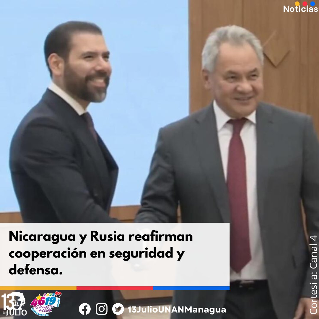 Este encuentro fortalece las relaciones bilaterales entre Nicaragua y Rusia, destacando la importancia de la cooperación internacional para garantizar la seguridad y estabilidad regional.

#SomosUNAN
#ManaguaSandinista
#4619SiempreMásAllá