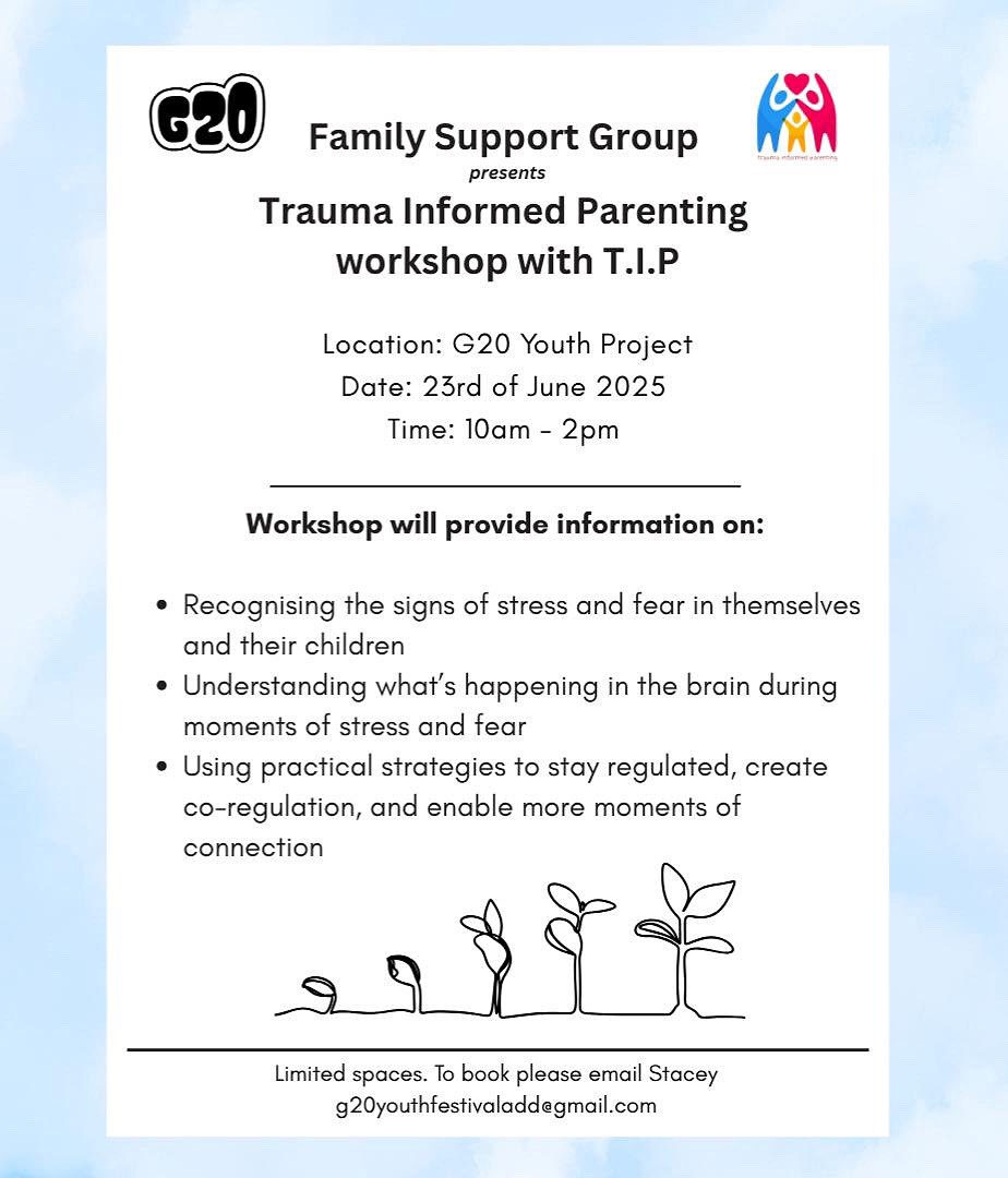 G20 Youth Project (@g20youthproject) on Twitter photo <a href="/suzanne30140549/">Suzanne Scott</a> from Trauma Informed Parenting will be running a workshop at our family support group on Monday 23rd of June from 10am-2pm 🌱
If you’re interested in attending please get in touch with Stacey 👇🏽. Limited spaces <a href="/suzanne30140549/">Suzanne Scott</a> from Trauma Informed Parenting will be running a workshop at our family support group on Monday 23rd of June from 10am-2pm 🌱
If you’re interested in attending please get in touch with Stacey 👇🏽. Limited spaces