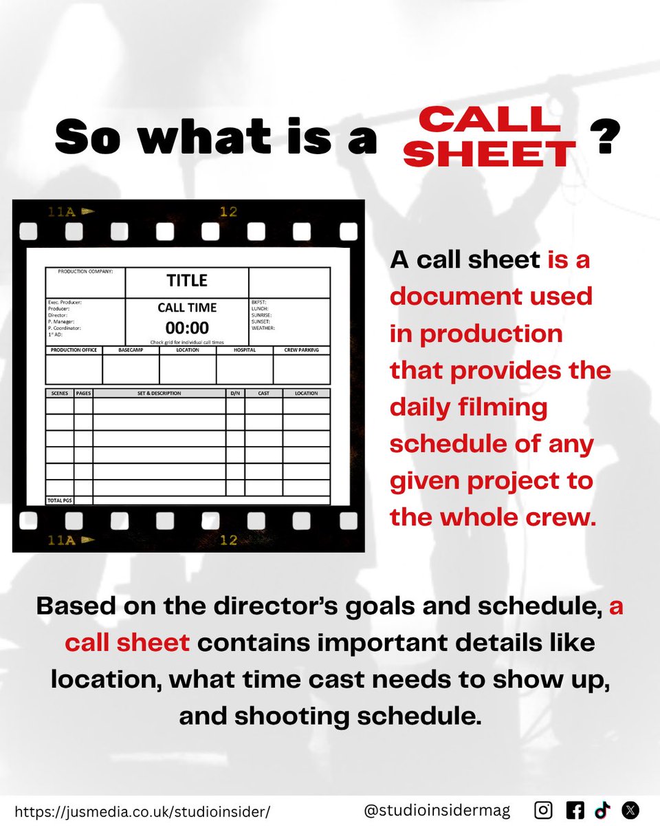 studioinsider_'s tweet photo. It’s time for another ‘jargon of the day’! 📋

You asked what a call sheet is, we answered 👀

Keep commenting down below any jargon you want explained! ⬇️

#studioinsider #television #tv #tvproduction #production #magazine #JOTD #jargon #callsheet https://t.co/L6PIt5qqDO