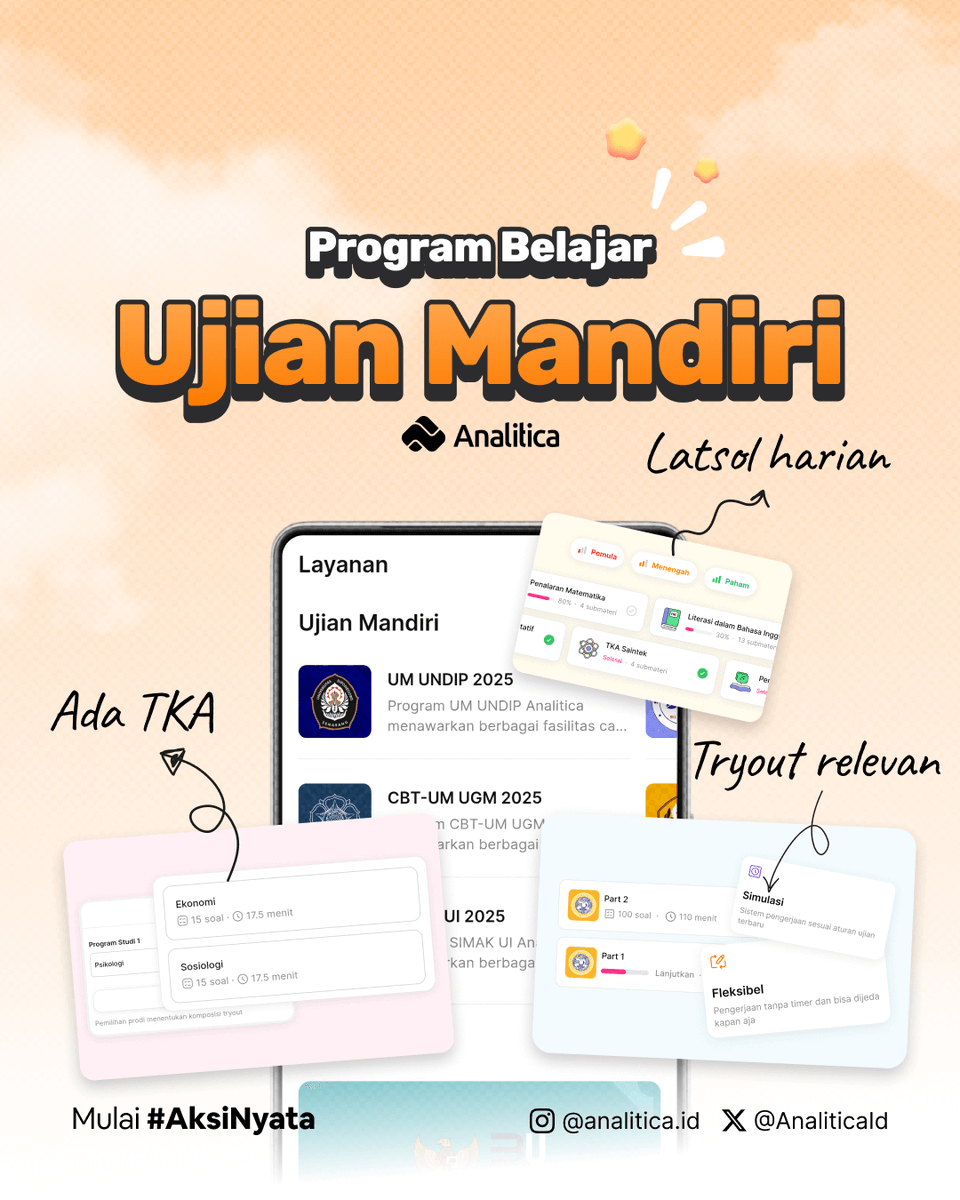 Siap hadapi Ujian Mandiri 2025? ✨

Analitica punya Program Belajar lengkap yang super relevan nih!

✅ Tryout Realistis &amp; Update. Termasuk TKA!
✅ Bank Soal Komprehensif
✅ Analisis Mendalam &amp; Pembahasan Instan + Ica AI

Bisa belajar mandiri apa aja di Analitica? ->