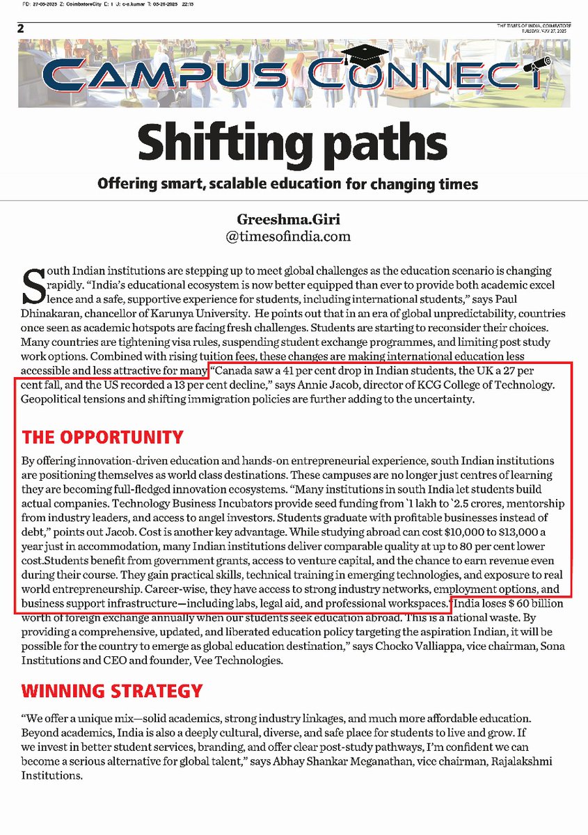 South India is emerging as a global hub for technical education!  Dr. Annie Jacob, Director of KCG Tech, tells <a href="/timesofindia/">The Times Of India</a> why more students are choosing India over the US, UK &amp; Canada - driven by quality education, startup support, global exposure &amp; lower costs. #KCGCollege