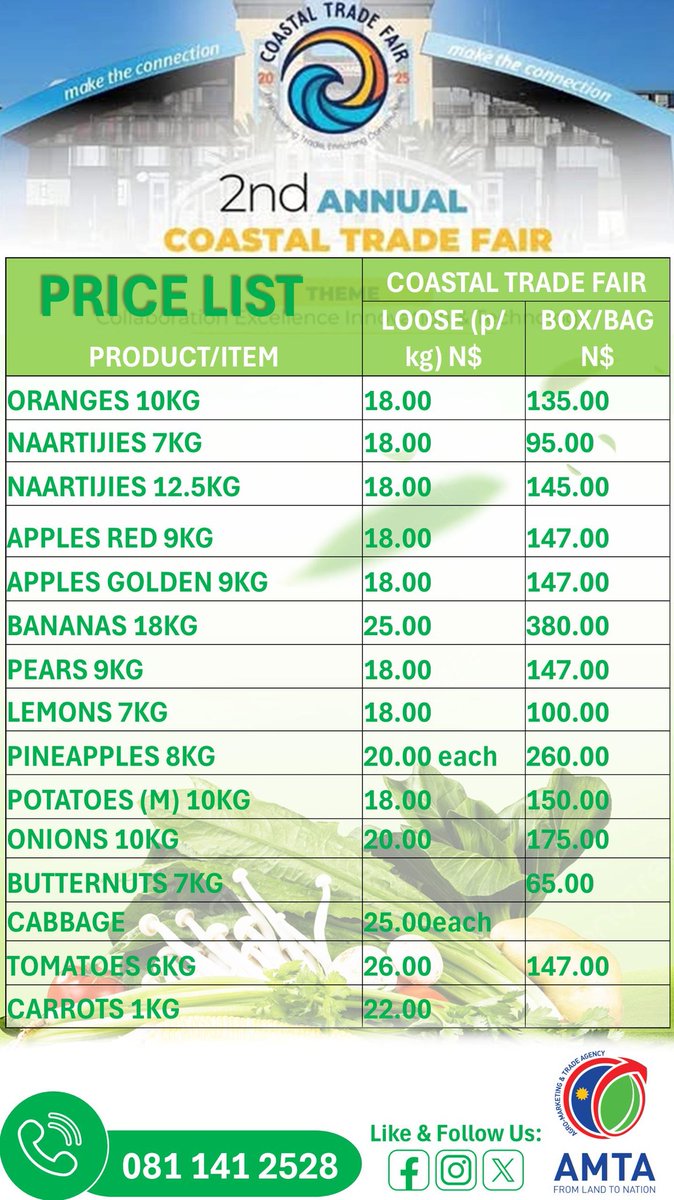 agro_agency's tweet photo. We are set for Day1 of the #coastaltradefairandconference right here in the heart of Swakopmund at #mtcthedome. See our price list during the exhibition 📌 https://t.co/YgYOjXGfhr
