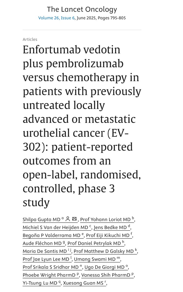 shilpaonc's tweet image. Just in @TheLancetOncol The PROs from the EV-302 trial, which led to the global approval of 1L EV+pembro in mUC
👉EV+P led to clinically meaningful pain relief, esp. in pts with moderate-severe baseline pain
👉EV+P led to better EORTC QLQ-C30 functioning and QoL improvements…