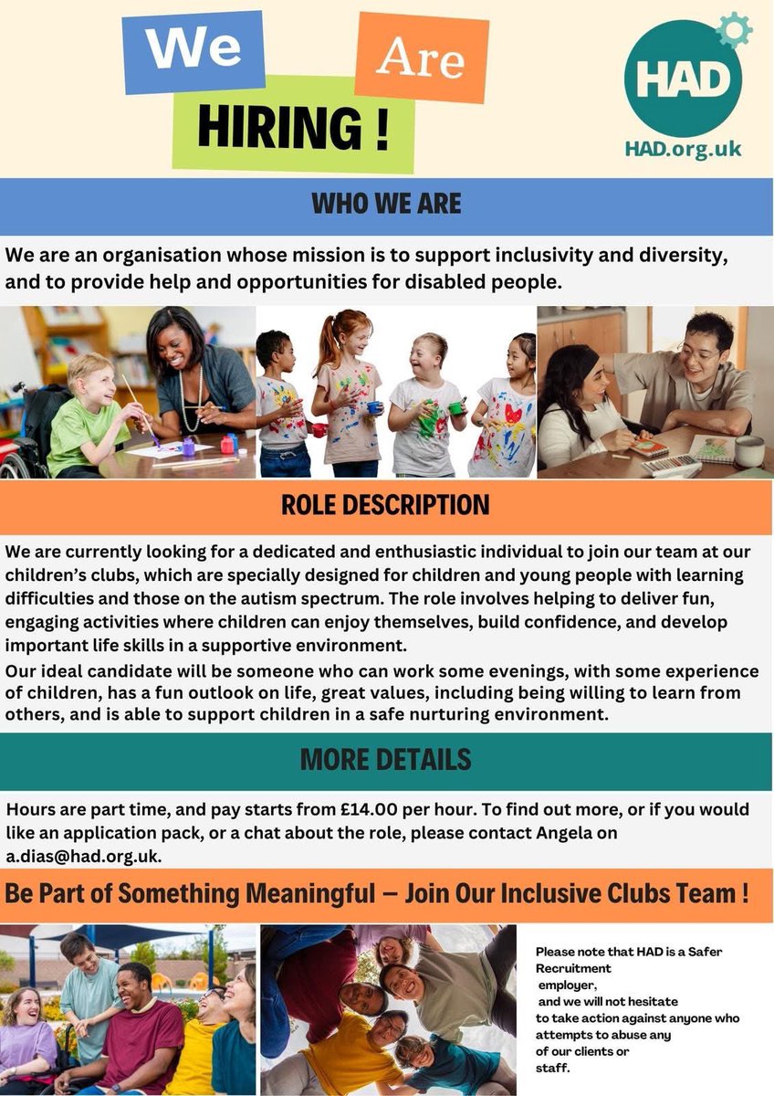 HAD are recruiting for our growing children's services. Please see attached poster for further details and information.