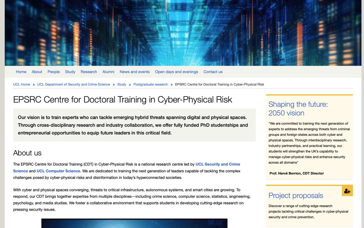mircomusolesi's tweet image. The second call for applications to the CDT in Cyber-Physical Risk is now open. I am offering two projects in the area of AI and cybersecurity. I would be happy to chat about this opportunity if you are interested.
ucl.ac.uk/security-crime…
Closing date: 15 June 2025.