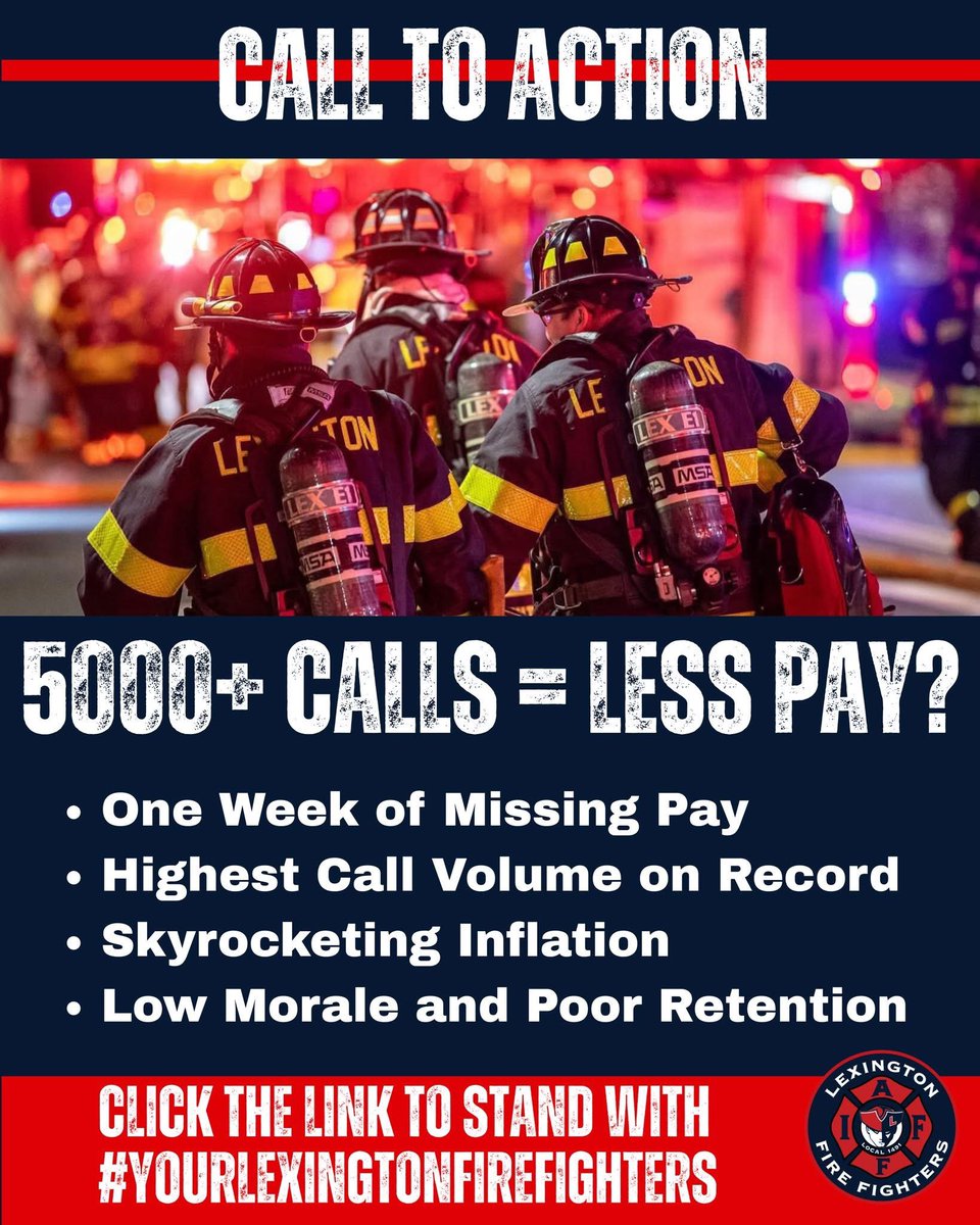 The Lexington Firefighters Local 1491 are sounding the alarm and seeking your help! 

🚨Every Lexington firefighter is missing one week's pay. 

🚨Last week marked the final paycheck reduced by the Town’s "payroll realignment"

🚨Let’s be clear: we never agreed to go unpaid.