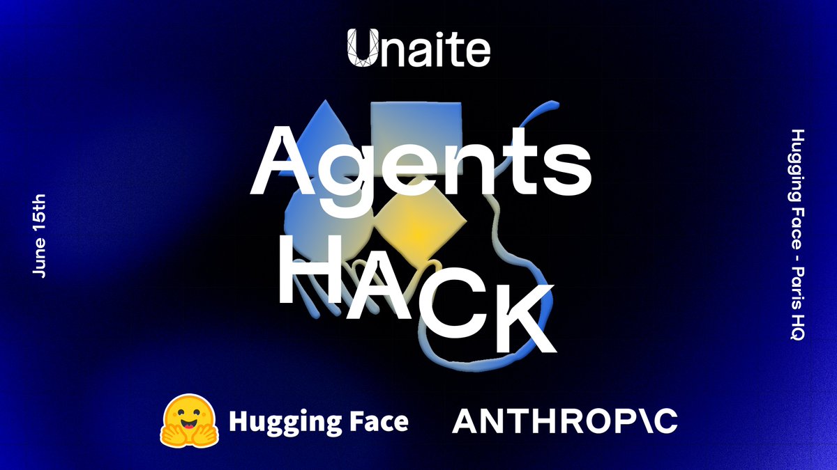 Unaite (@unaitefr) on Twitter photo Unaite is thrilled to team up with <a href="/huggingface/">Hugging Face</a> and <a href="/AnthropicAI/">Anthropic</a> to host the largest Agents Hackathon to date.
Join us on June 15th at <a href="/huggingface/">Hugging Face</a>'s Paris HQ for a one-day hackathon to build agents and compete for over $10,000 in prizes.
Apply now: lu.ma/qpimrbx3 Unaite is thrilled to team up with <a href="/huggingface/">Hugging Face</a> and <a href="/AnthropicAI/">Anthropic</a> to host the largest Agents Hackathon to date.
Join us on June 15th at <a href="/huggingface/">Hugging Face</a>'s Paris HQ for a one-day hackathon to build agents and compete for over $10,000 in prizes.
Apply now: lu.ma/qpimrbx3
